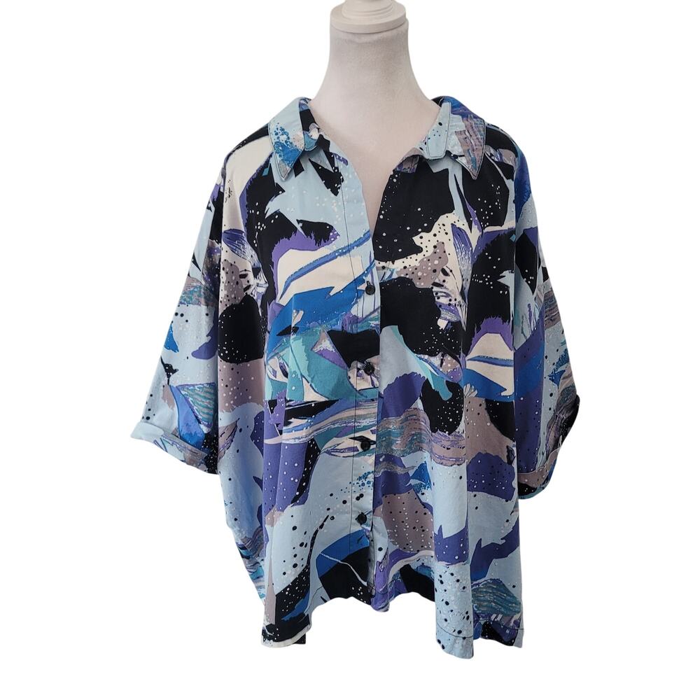 Attitudes by Renee Size 1X Blue Art‎ To Wear Button Up Short Sleeve Mature